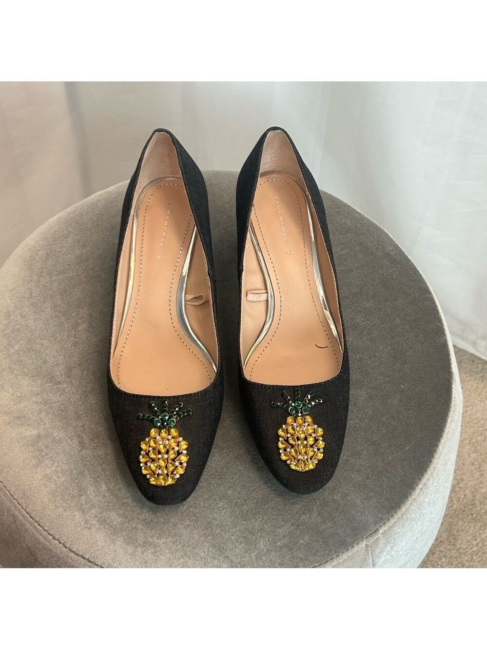 Zara Crystal rhinestone pineapple black denim round toe block heel shoes 39